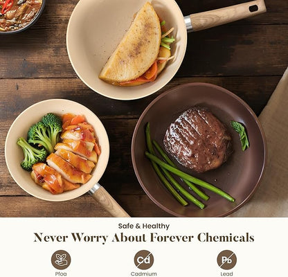 Kitchen Academy 12-Piece Induction Cookware Set, Nonstick Granite Pots and Pans in Beige