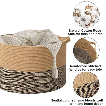 115L Extra Large Blanket Basket,Woven Rope Laundry Basket Hamper with Handles, Decorative Nursery Basket Storage Bin for Toys, Clothes Organizer, Living Room, Bedroom, Bathroom, Jute&Black