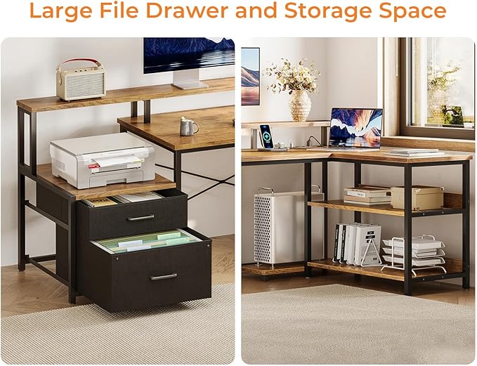 ODK 75" L Shaped Desk with File Drawers, Work from Home Office Desk with Power Outlet, Reversible Computer Desk with Storage Shelves, Gaming Desk with Monitor Shelf, Corner WFM Table, Vintage