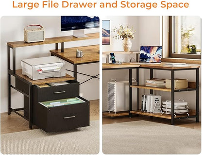 ODK 75" L Shaped Desk with File Drawers, Work from Home Office Desk with Power Outlet, Reversible Computer Desk with Storage Shelves, Gaming Desk with Monitor Shelf, Corner WFM Table, Vintage