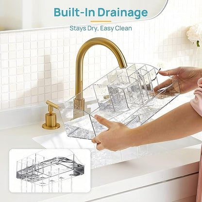 Vtopmart 6 PCS Bathroom Countertop Organizer, 1 Divided Tray with 4 Qtip Holder Jars and 1 Drawers, Restroom Clear Organizers for Toothbrush, Cotton Pads, Vanity Accessories Storage Set