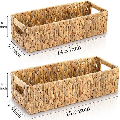 2 Pack Wicker Storage Baskets, Water Hyacinth Holder for Toilet Paper, Rectangular Natural Bins with Built-in Handles, Handwoven Organizer for Bathroom Kitchen Pantry Tank Top, 2 Sizes
