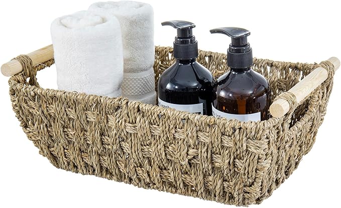 MyGift Hand-Woven Seagrass Bathroom Hand Towel Holder Basket with Wooden Handle, Rustic Countertop Storage Organizer for Towels & Toiletries