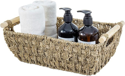 MyGift Hand-Woven Seagrass Bathroom Hand Towel Holder Basket with Wooden Handle, Rustic Countertop Storage Organizer for Towels & Toiletries