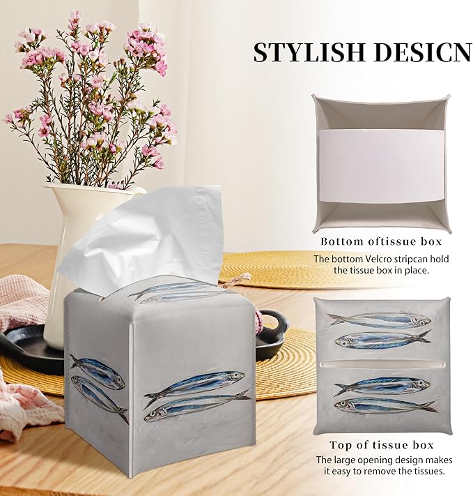 Grace Yonks Coastal Tissue Box Cover Square - Blue Sardines Painting Design 5.2" PU Leather Holder for Vanity, Desk, or Bathroom Counter - Cube Case for Facial Tissues. (111)