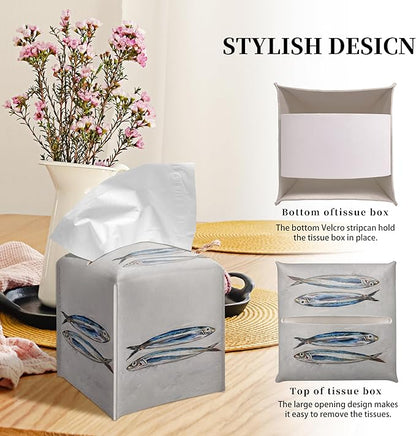 Grace Yonks Coastal Tissue Box Cover Square - Blue Sardines Painting Design 5.2" PU Leather Holder for Vanity, Desk, or Bathroom Counter - Cube Case for Facial Tissues. (111)
