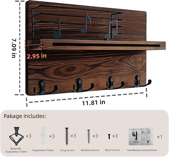 Key Holder Wall Mount, Keys Holder on Wall with Shelf, Key and Mail Holder for Wall with 4 Double Hooks for Dog Leash, Sunglasses, Bags - Musical Note Design Entryway Hanger