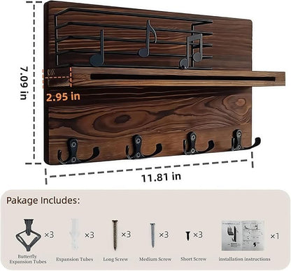 Key Holder Wall Mount, Keys Holder on Wall with Shelf, Key and Mail Holder for Wall with 4 Double Hooks for Dog Leash, Sunglasses, Bags - Musical Note Design Entryway Hanger