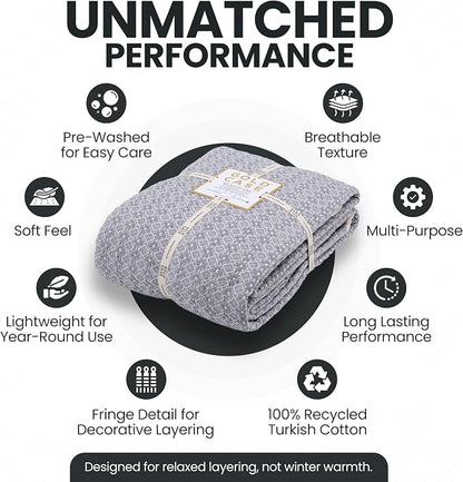 Gold Case Throw Blanket for Bed - 100% Recycled Turkish Cotton Blanket - Retro Lightweight Soft Throw Blankets for Bed & Living Room - Twin Size Cozy Blankets - 71x90 - Grey