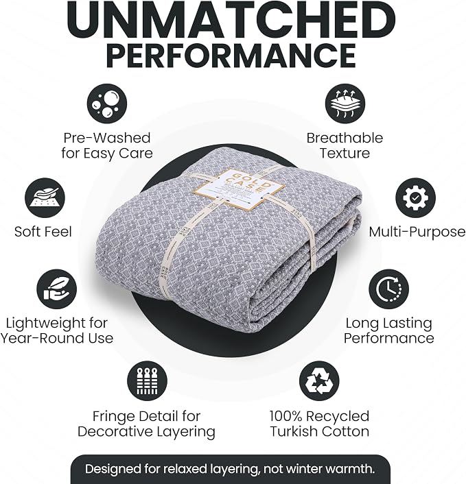 Gold Case Throw Blanket for Bed - 100% Recycled Turkish Cotton Blanket - Retro Lightweight Soft Throw Blankets for Bed & Living Room - Queen Size Cozy Blankets - 90x90 - Grey