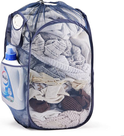 TECHMILLY Collapsible Mesh Pop Up Laundry Hamper with Sturdy Handles and Side Pocket - Portable Foldable Clothes Baskets for Dorm, Bathroom & Travel Storage (with Drawstring, Blue)