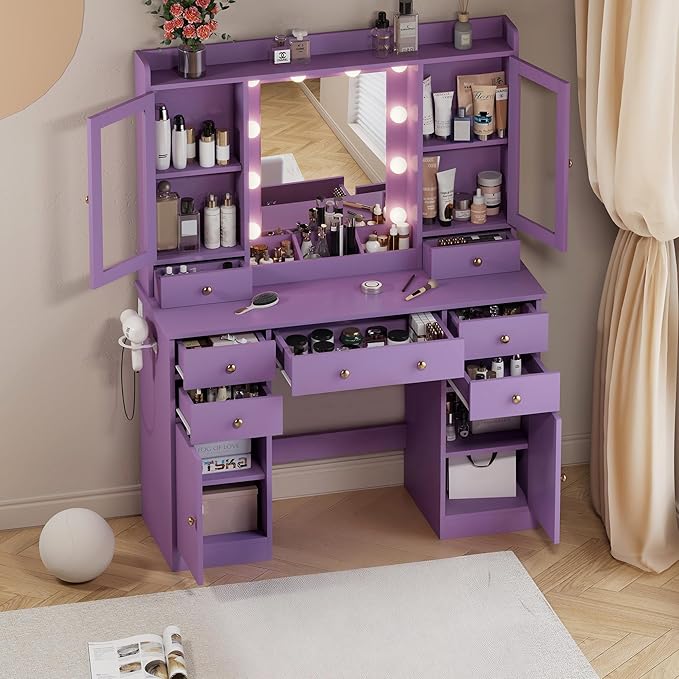 Vanity Desk with Mirror and Lights, Purple Vanity with Lighted Mirror & Power Outlet and 7 Drawers, 3 Color Modes Adjustable, Makeup Dressing Table Set with Lights for Girls Women