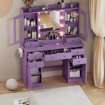Vanity Desk with Mirror and Lights, Purple Vanity with Lighted Mirror & Power Outlet and 7 Drawers, 3 Color Modes Adjustable, Makeup Dressing Table Set with Lights for Girls Women