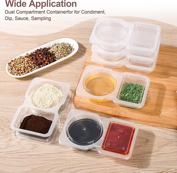 RXRRXR 10PCS Double Compartment Condiment Container With Lids - Reusable Snack Pack Containers for Take-out Sauces