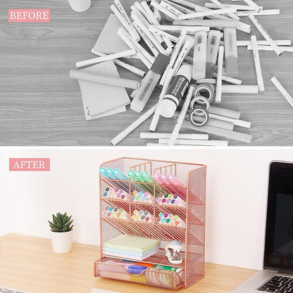 Spacrea Pen Holder Desk Organizer - Desk Organizers and Accessories, Pencil Holder with 10 Compartments and 1 Drawer（Rose Gold）