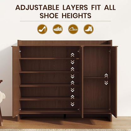 Shoe Cabinet, 41" Tall Rattan Shoe Storage Organizer Cabinet, Adjustable Shelves, 6-Tier Farmhouse Boho Wooden Storage Cabinet for Entryway Hallway Closet Bedroom,Walnut