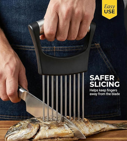 Onion Holder for Slicing 2026, Stainless Steel Onion Slicer & Cutter with Finger Guard, Ergonomic Anti-Slip Handle, Multi-Use Kitchen Tool for Tomato, Potato, Avocado, Egg, Lemon & Meat
