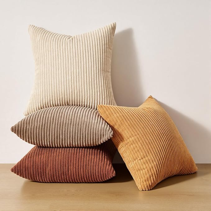 Topfinel Yellow Brown Throw Pillow Covers Rustic Modern Soft Corduroy Striped Decorative Cushion Cover 16x16 Inch Gradient Farmhouse Pillow Case Set of 4 for Sofa Couch Living Room Bedroom