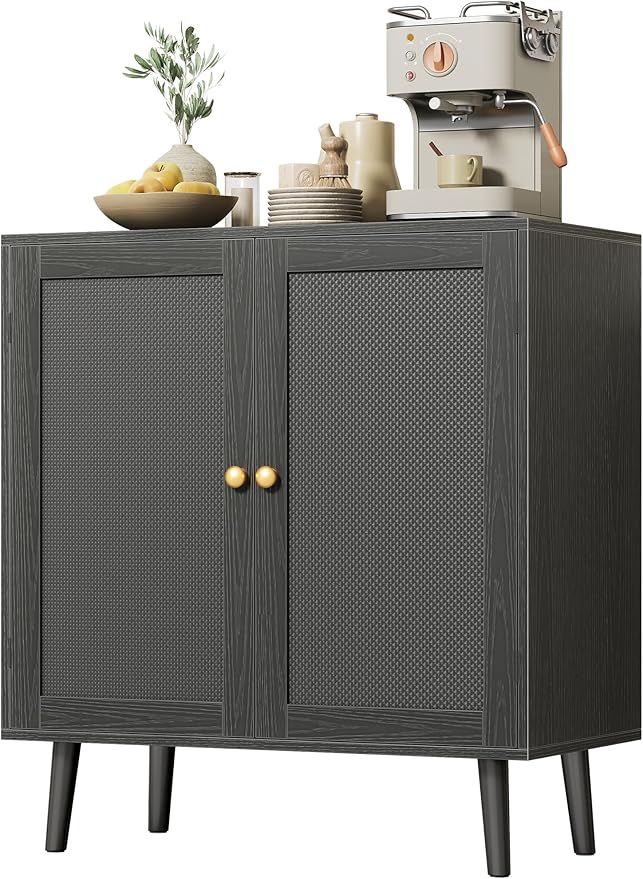 Huuger Buffet Cabinet with Storage, Storage Cabinet with PE Rattan Decor Doors, Accent Sideboard Buffet with Solid Wood Feet, for Hallway, Entry, Living Room, All Black