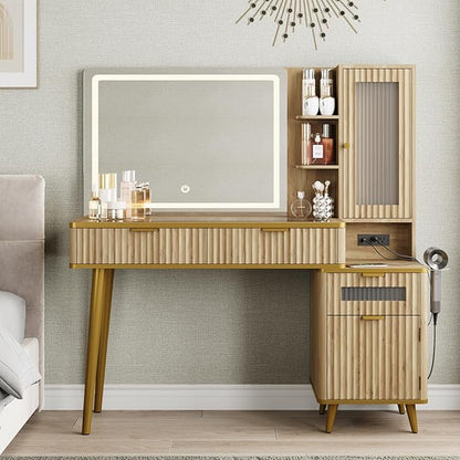 QUW Fluted Makeup Vanity Desk with Mirror and Lighits, 48" Modern Glass Top Vanity Table with Charging Station, Vanity Mirror with Adjustable Brightness, Dressing Table for Bedroom, Natural Oak