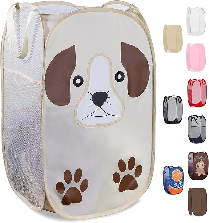 Pop Up Laundry Hamper, Cute Puppy Collapsible Mesh Basket 71L with Reinforced Handles and Side Pocket - Foldable Pop Up Hamper for Dorm, Travel, Kids Room - Handy Laundry (Puppy)