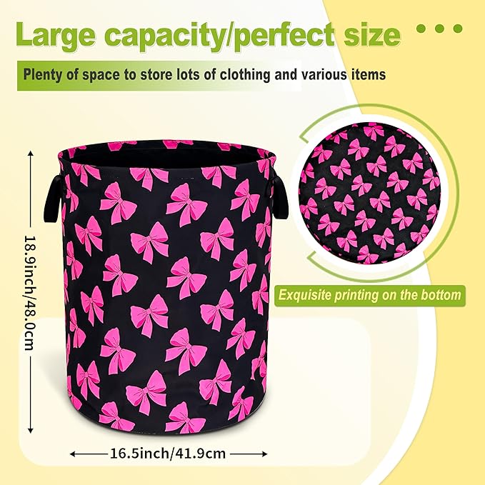 Pink Bow Laundry Basket Funny Bowknot Foldable Waterproof Oxford Cloth Tote Bag Laundry Hamper Round Large Clothes Storage Bucket Toy Organizer For Bathroom/Laundry Storage/Bedroom 18.9x16.5 Inch