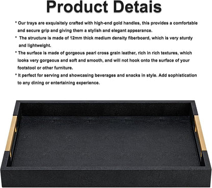 Black Faux Leather Large Square Tray with Handles – Decorative Serving for Coffee Table, Ottoman, Living Room & Bathroom