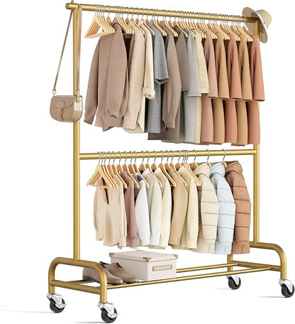 MISSLO Heavy Duty Clothes Rack for Hanging Clothes Rolling Clothing Rack Heavy Duty on Wheels for Coat, Garment, Gold(Double Rod)