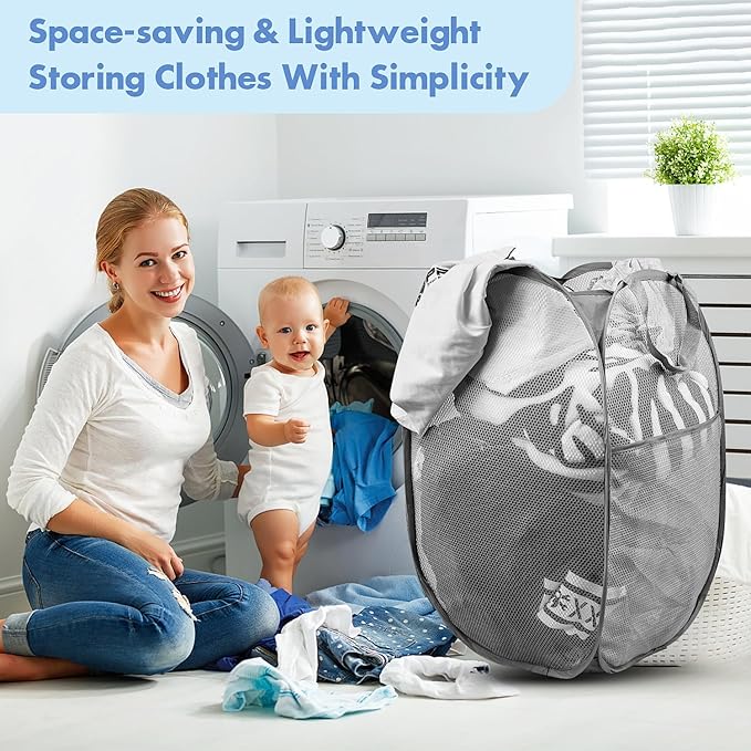 DUCOO Pop Up Laundry Hamper, 70L Collapsible Mesh Laundry Basket with Side Pocket, Foldable Dirty Clothes Hamper with Sturdy Reinforced Handles for Home Dorm Bedroom Travel Storage, Gray, 2Pack