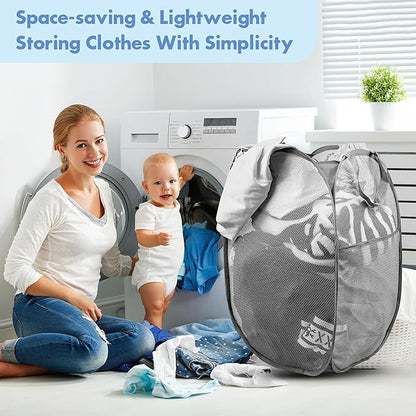 DUCOO Pop Up Laundry Hamper, 70L Collapsible Mesh Laundry Basket with Side Pocket, Foldable Dirty Clothes Hamper with Sturdy Reinforced Handles for Home Dorm Bedroom Travel Storage, Gray, 2Pack