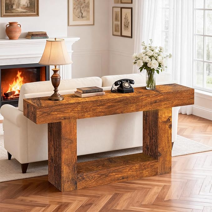 63 Inch Long Entryway Table U-Shaped Extension, Wooden Console Table with Socket Farmhouse Sofa Table for Entrance, Hallway, Living Room,Behind Couch(Rustic Brown)