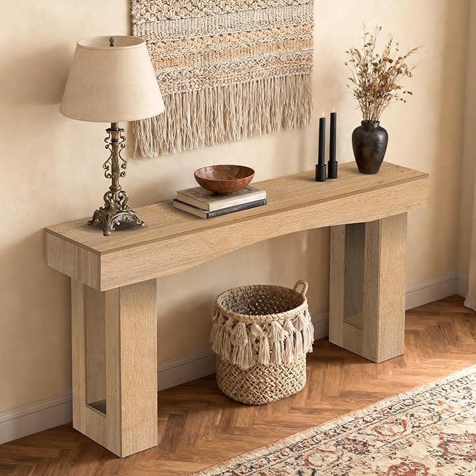63 Inch Long Entryway Table Hollow, Wooden Console Table with Socket Farmhouse Sofa Table for Entrance, Hallway, Living Room,Behind Couch(Oak Brown)