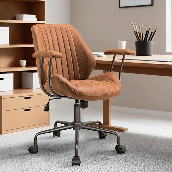 ovios Home Office Chair, Mid-Century Modern Faux Suede Leather Ergonomic Chairs, Mid Back Comfy Computer Swivel Rolling Task Executive Armchair, Brown