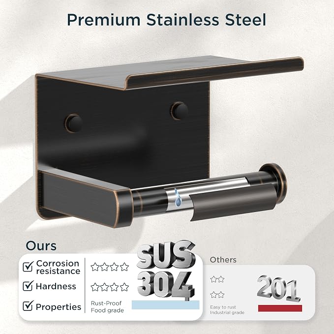 FORIOUS Toilet Paper Holder with Shelf, Adhesive or Screw Wall Mount Toilet Paper Roll Holder for Bathroom, SUS 304 Stainless Steel Commercial Toilet Tissue Holder Dispenser, Oil Rubbed Bronze