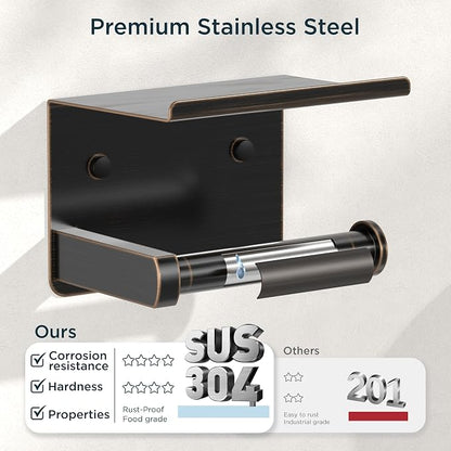 FORIOUS Toilet Paper Holder with Shelf, Adhesive or Screw Wall Mount Toilet Paper Roll Holder for Bathroom, SUS 304 Stainless Steel Commercial Toilet Tissue Holder Dispenser, Oil Rubbed Bronze