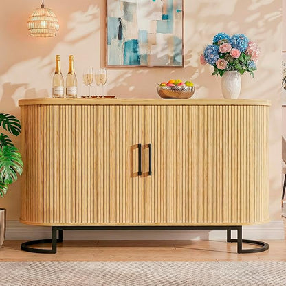 54.3" Sideboard Buffet Cabinet with Storage, Buffet Cabinet with Sliding Door & Adjustable Shelf, Modern Sideboard Cabinets for Kitchen, Living Room, Entryway, Oak