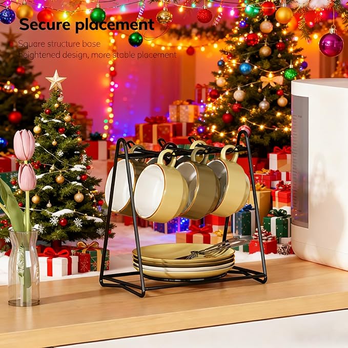 Tea Cups and Saucers Holder,Black Metal Coffee Cup Tea Cups Rack,Organizer for Coffee Cup Spoon and Saucers