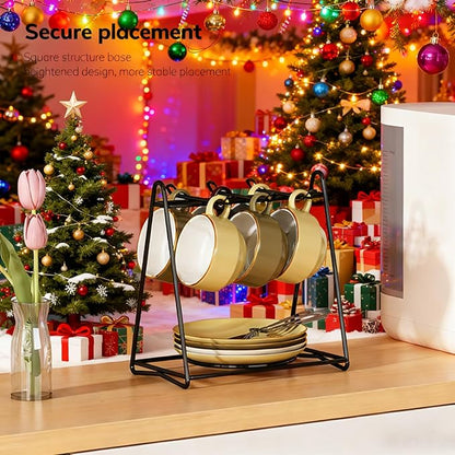 Tea Cups and Saucers Holder,Black Metal Coffee Cup Tea Cups Rack,Organizer for Coffee Cup Spoon and Saucers