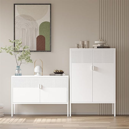 COFaR White Metal Storage Cabinet with Adjustable Shelves, 47”H Modern Buffet Sideboard & Coffee Bar Cabinet with Magnetic Doors, Ventilated Steel Organizer for Kitchen, Dining Room, Home Office