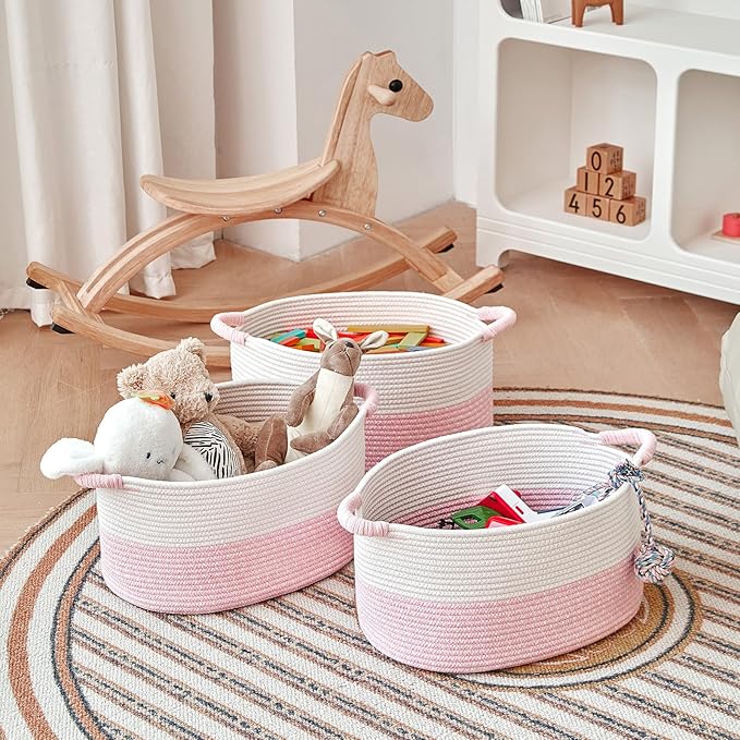 R RUNKA Storage Baskets for Organizing | 15"x10.2"x9.1" - 1 Pack Nursery Bin with Handles - Woven Cotton Rope Baskets for Dog Toys, Books, Shelf, Bathroom,Closet -Pink Basket for Girls