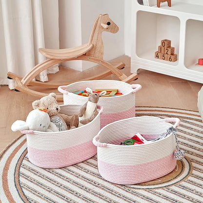 R RUNKA Storage Baskets for Organizing | 15"x10.2"x9.1" - 1 Pack Nursery Bin with Handles - Woven Cotton Rope Baskets for Dog Toys, Books, Shelf, Bathroom,Closet -Pink Basket for Girls