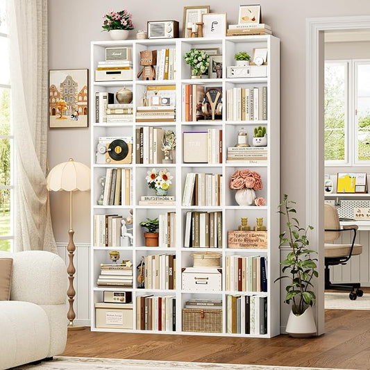 FOTOSOK 71'' Tall Bookshelf Set of 2, 7 Tier Large White Bookshelf with Adjustable Shelves, Wide Bookcases and Bookshelf, DVD/CD Media Tower Storage, Cube Book Shelf Display Shelf Cabinet, White
