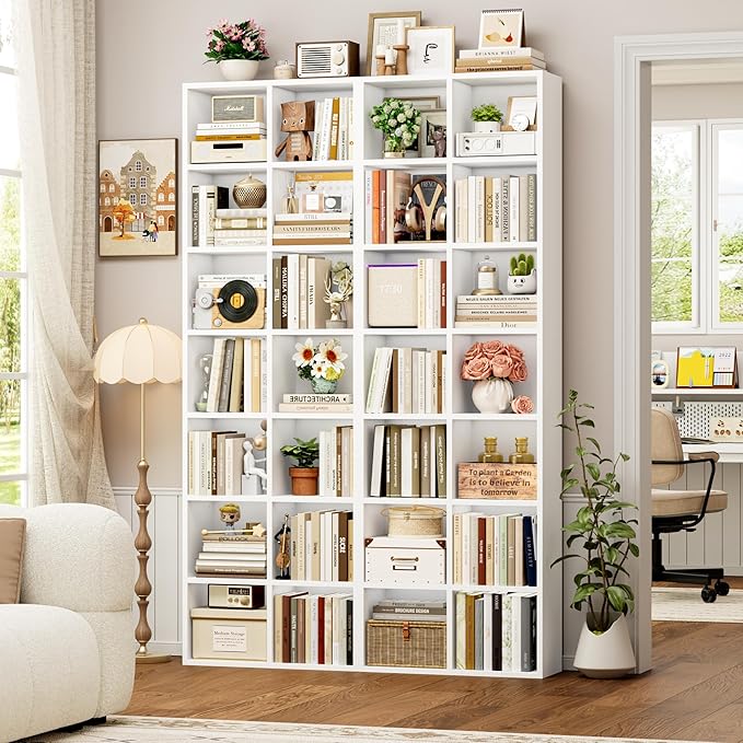 FOTOSOK 71'' Tall Bookshelf with 14 Cubes, 7 Tier Double Wide White Bookshelf with 6 Adjustable Shelves, 19.6" Narrow Bookcase DVD/CD Media Storage, Space Saving Display Shelf Cabinet, White