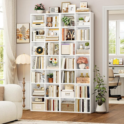 FOTOSOK 71'' Tall Bookshelf with 14 Cubes, 7 Tier Double Wide White Bookshelf with 6 Adjustable Shelves, 19.6" Narrow Bookcase DVD/CD Media Storage, Space Saving Display Shelf Cabinet, White