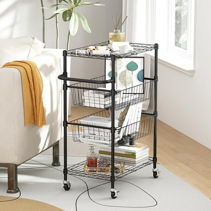 LinTimes 4 Tier Rolling Cart, 110 LB Capacity, Locking Casters & Handle Bar, Wire Storage Rack for Kitchen, Restaurant, Garage, Black