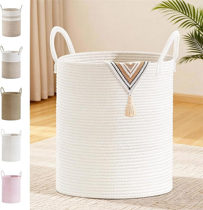 SunNewt Tall Laundry Basket with Handles, 88L Portable Dirty Clothes Hamper, Boho Cotton Rope Storage Bin for Blankets Kids Toys Gifts, Large Organizer for Baby Nursery Bedroom Bathroom, White