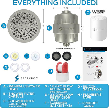 SparkPod 23-Stage Filtered Shower Head, 6" Round, Brushed Nickel | Filtered Shower Head for Hard Water Filter, High Pressure, Reduces Chlorine, Heavy Metals, For Dry Skin & Hair