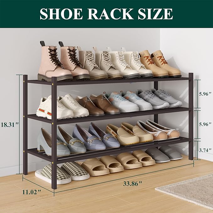 Smiry Long Bamboo Shoe Rack 3-Tier, Stackable Wooden Shoe Organizer for Entryway & Closet, Free Standing Wood Shoe Storage Shelf for Front Door & Small Spaces, Brown