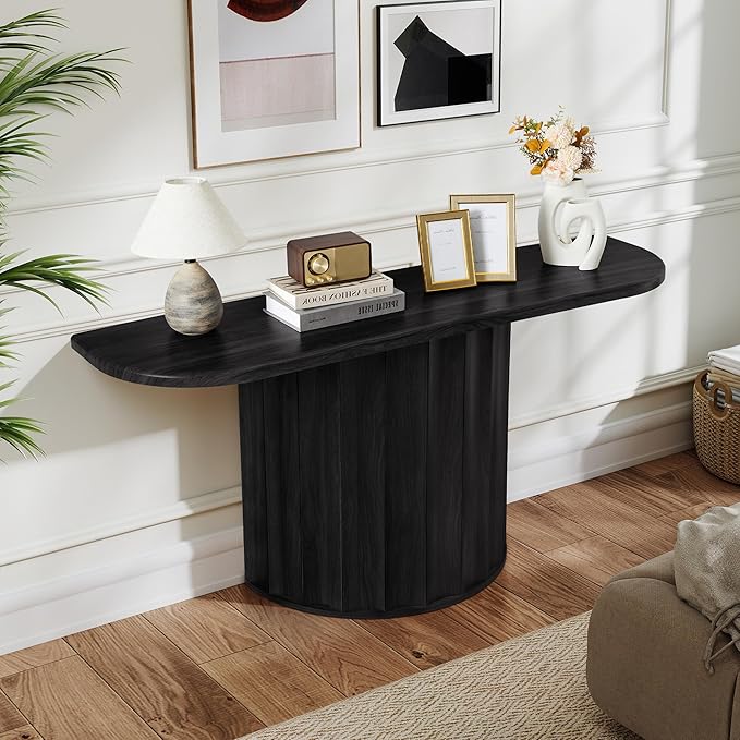 Fluted Console Table, 59'' Narrow Wooden Sofa Tables Behind Couch, Modern Entryway Table with Storage Curved Accent Table for Hallway, Living Room, Entrance, Foyer (Black)
