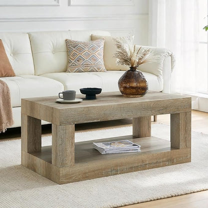 LKTART 39.37" Coffee Table with Storage, 2-Tier Mid Century Rectangular Accent Table with Thick Tabletop, Rustic Style Cocktail, Center Table for Living Room, Office, Apartment (Antique Natural)